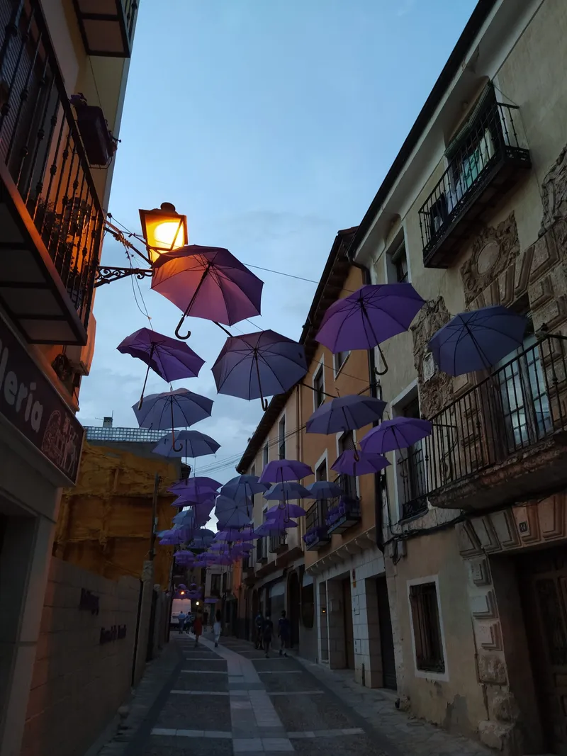 Paraguas violetas sobre una calle de Brihuega